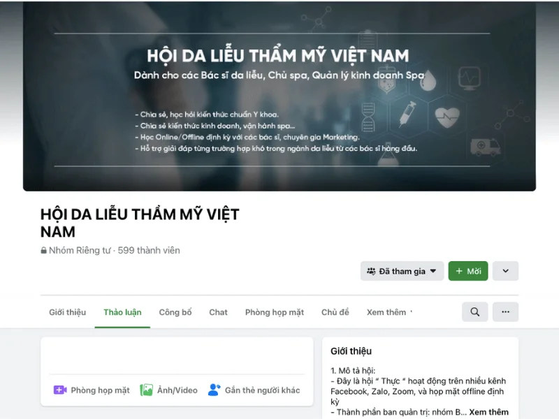 Hội nhóm trên facebook: Hội da liễu thẩm mỹ Việt Nam do đội ngũ bác sĩ Doctor Laser thành lập