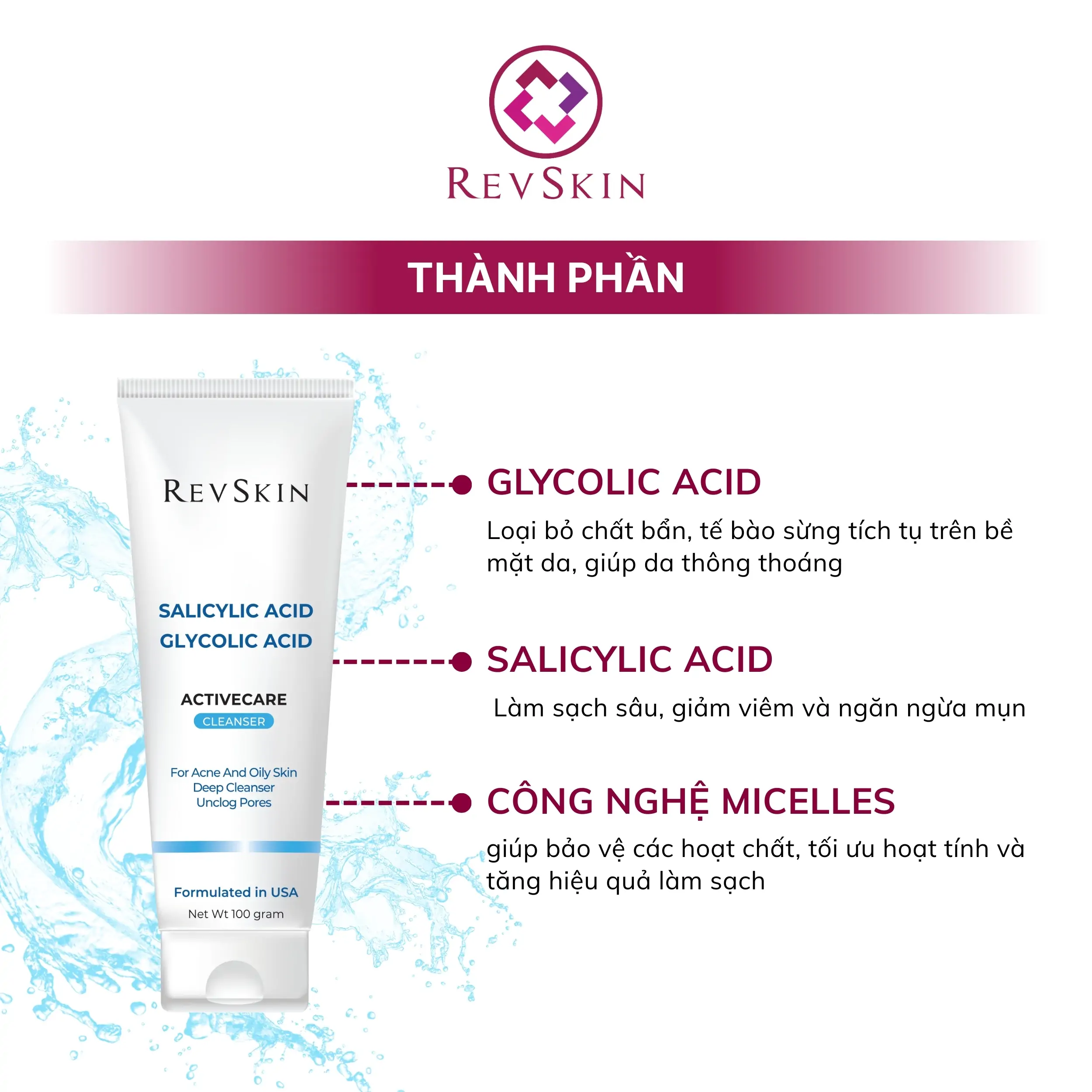 Sữa rửa mặt Revskin Activecare Cleanser cho da dầu, mụn và giảm mụn đầu đen 55