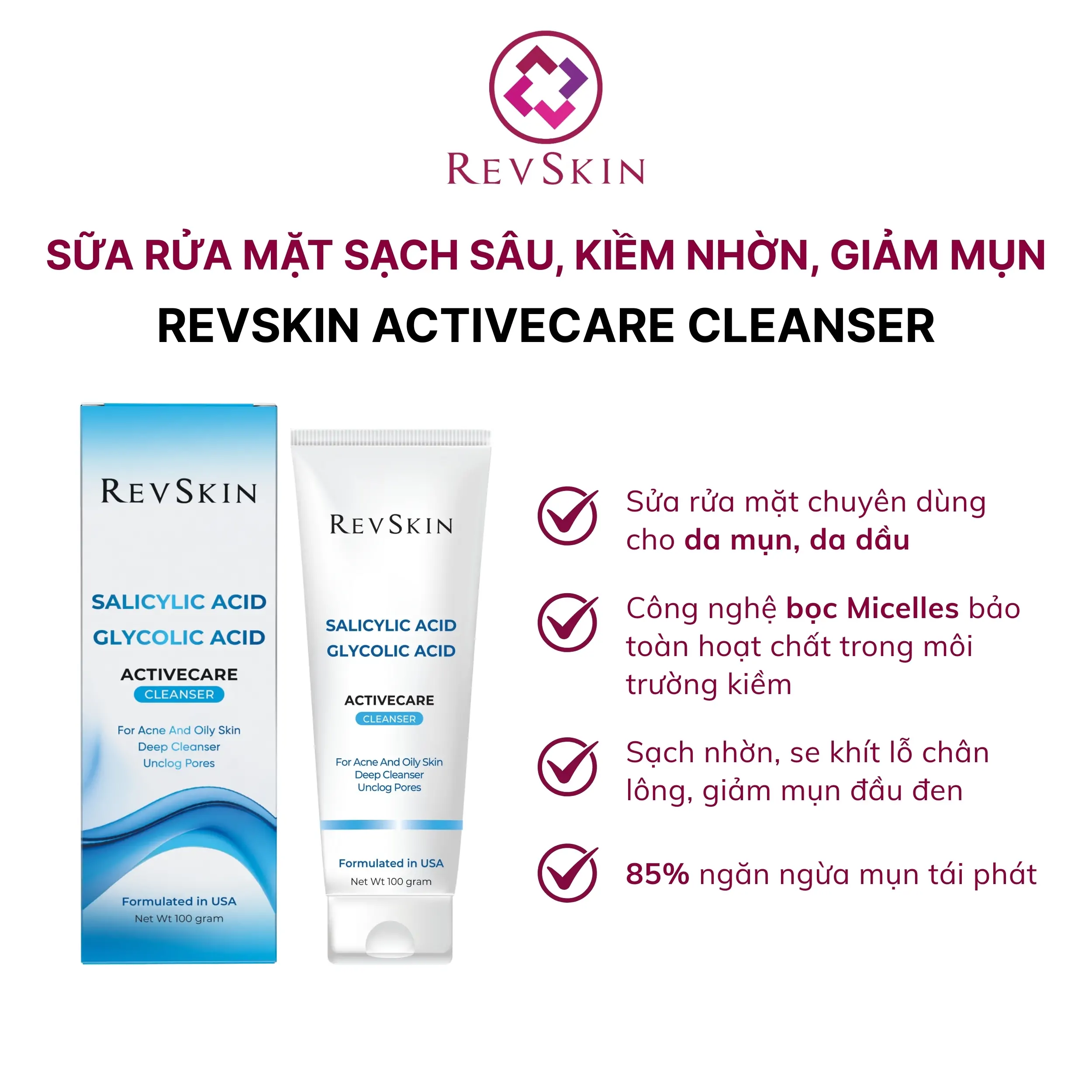Sữa rửa mặt Revskin Activecare Cleanser cho da dầu, mụn và giảm mụn đầu đen revskin blemish clear cream thong tin 2