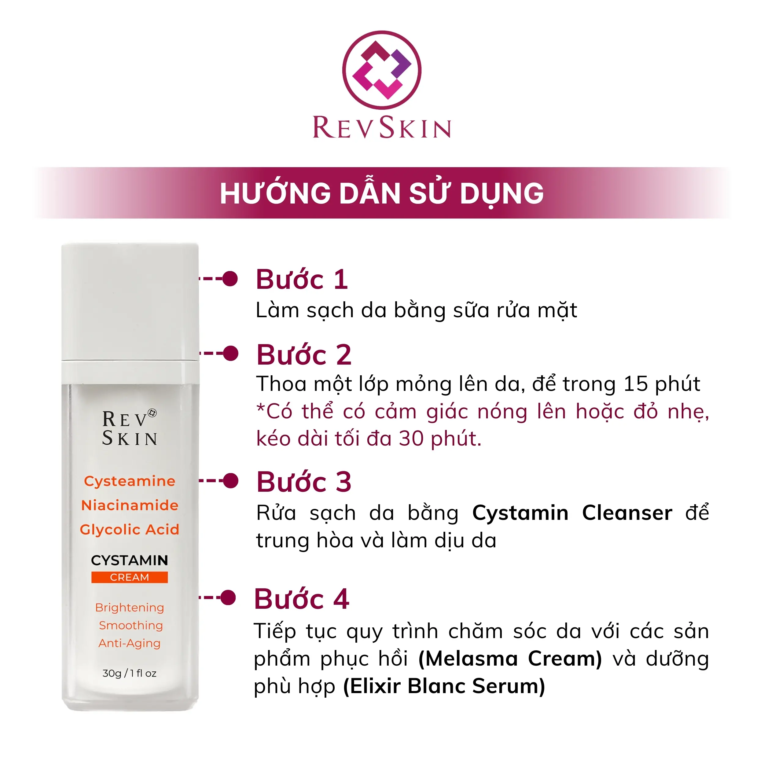 Bộ đôi ức chế sắc tô Cystamin Cream & Cystamin Cleaanser revskin cystamin cream huong dan su dung