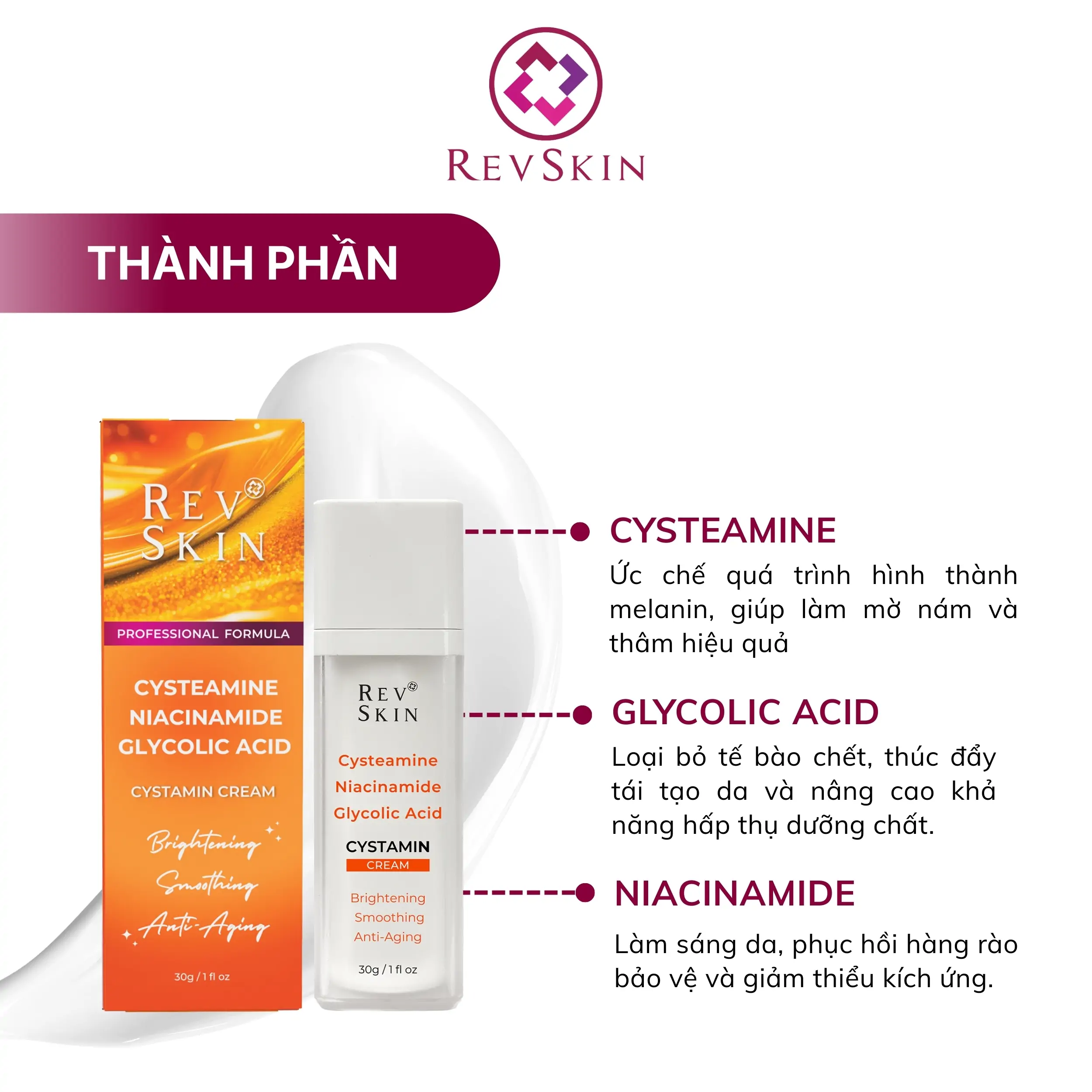 Bộ đôi ức chế sắc tô Cystamin Cream & Cystamin Cleaanser revskin cystamin cream thanh phan