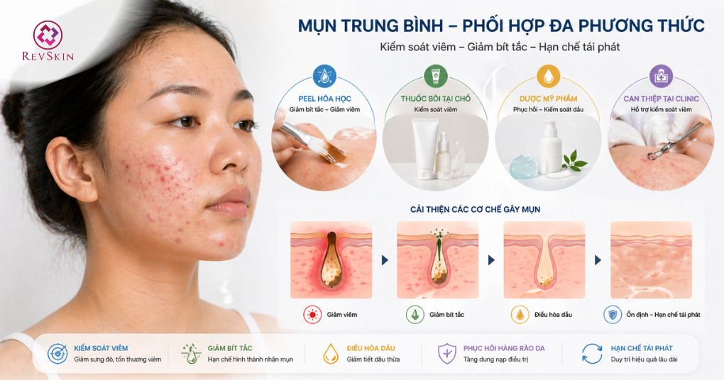 Phương pháp điều trị mụn theo phác đồ chuẩn y khoa phối hợp đa phương thức điều trị mụn trung bình