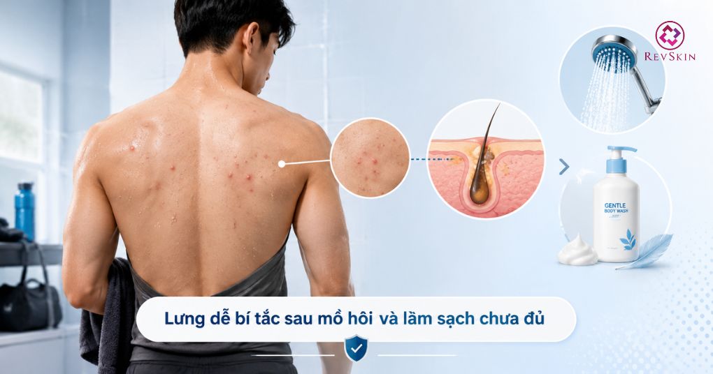 Mụn ẩn ở lưng: Nguyên nhân và cách điều trị chuẩn y khoa mụn lưng bị tắc sau mồ hôi làm sạch chưa đúng