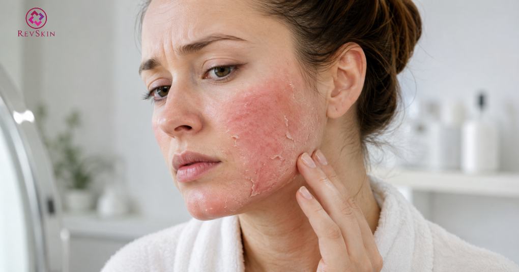 Cách trị mụn trứng cá hiệu quả theo phác đồ chuẩn y khoa bong đỏ quá mức do kích ứng hoạt chất