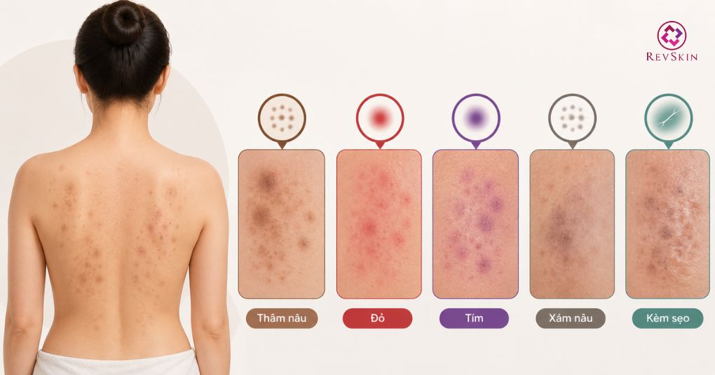 Trị thâm mụn lưng chuẩn y khoa giúp kiểm soát sắc tố sau viêm phân loại thâm mụn theo màu sắc