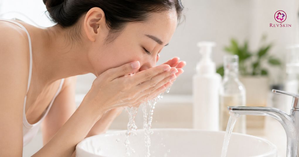 rửa mặt nhẹ nhàng bằng nước mát